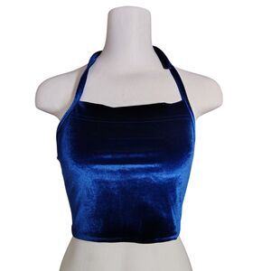 IN CHARGE Women's Blue Velvet Halter Backless Cropped Tank Top Tie Sexy XS 00016